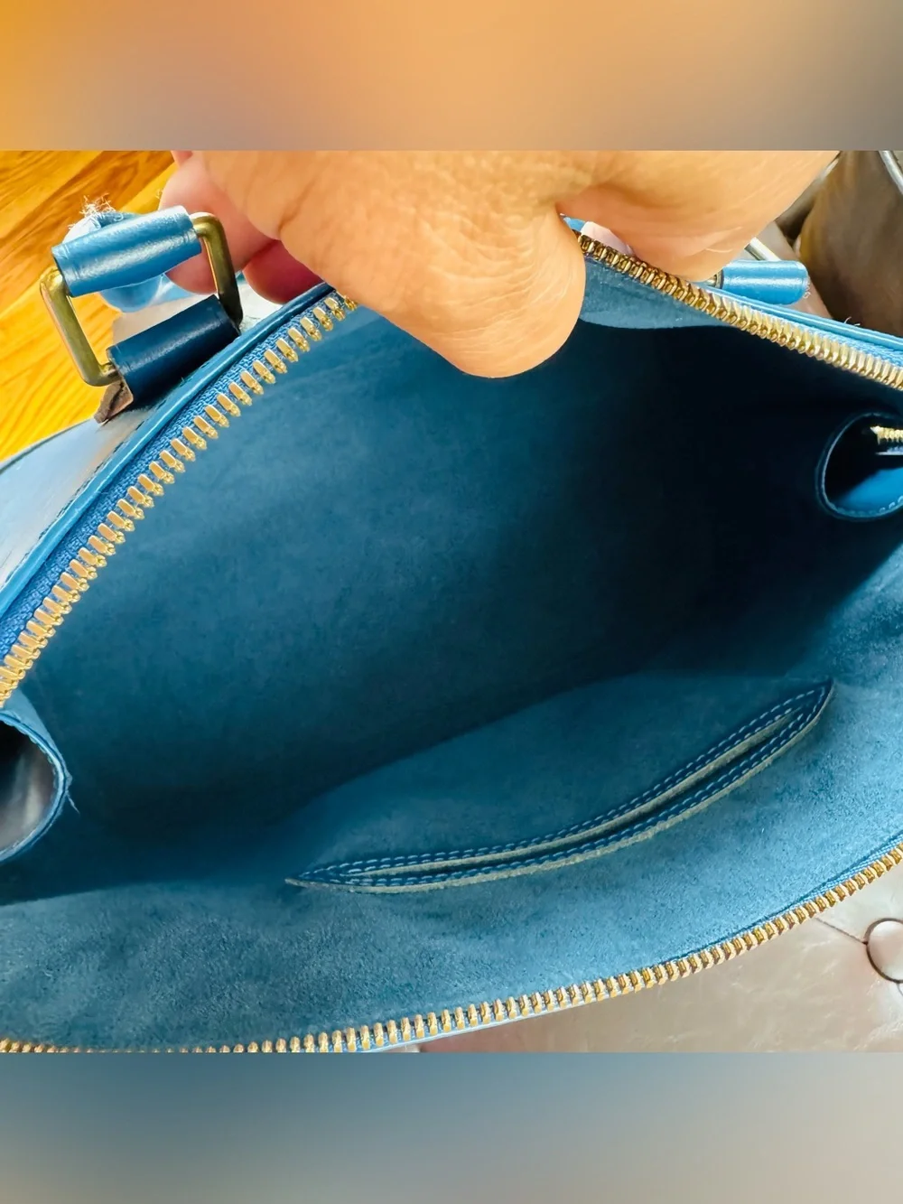 Louis Vuitton Blue Epi Alma Satchel with Gold Hardware